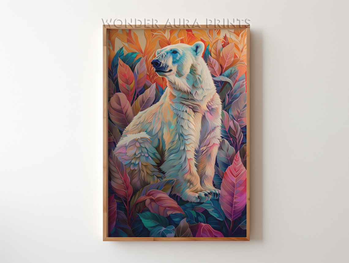 Polar Bear Among Tropical Leaves Maximalist Jungle Decor Poster