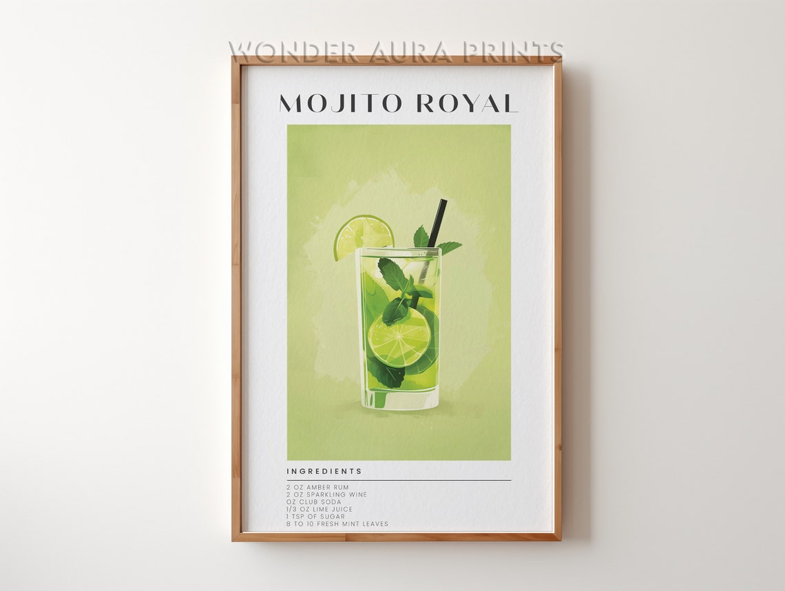Mojito Royal Cocktail Recipe Mint Lime Amber Rum Bar Cart Poster