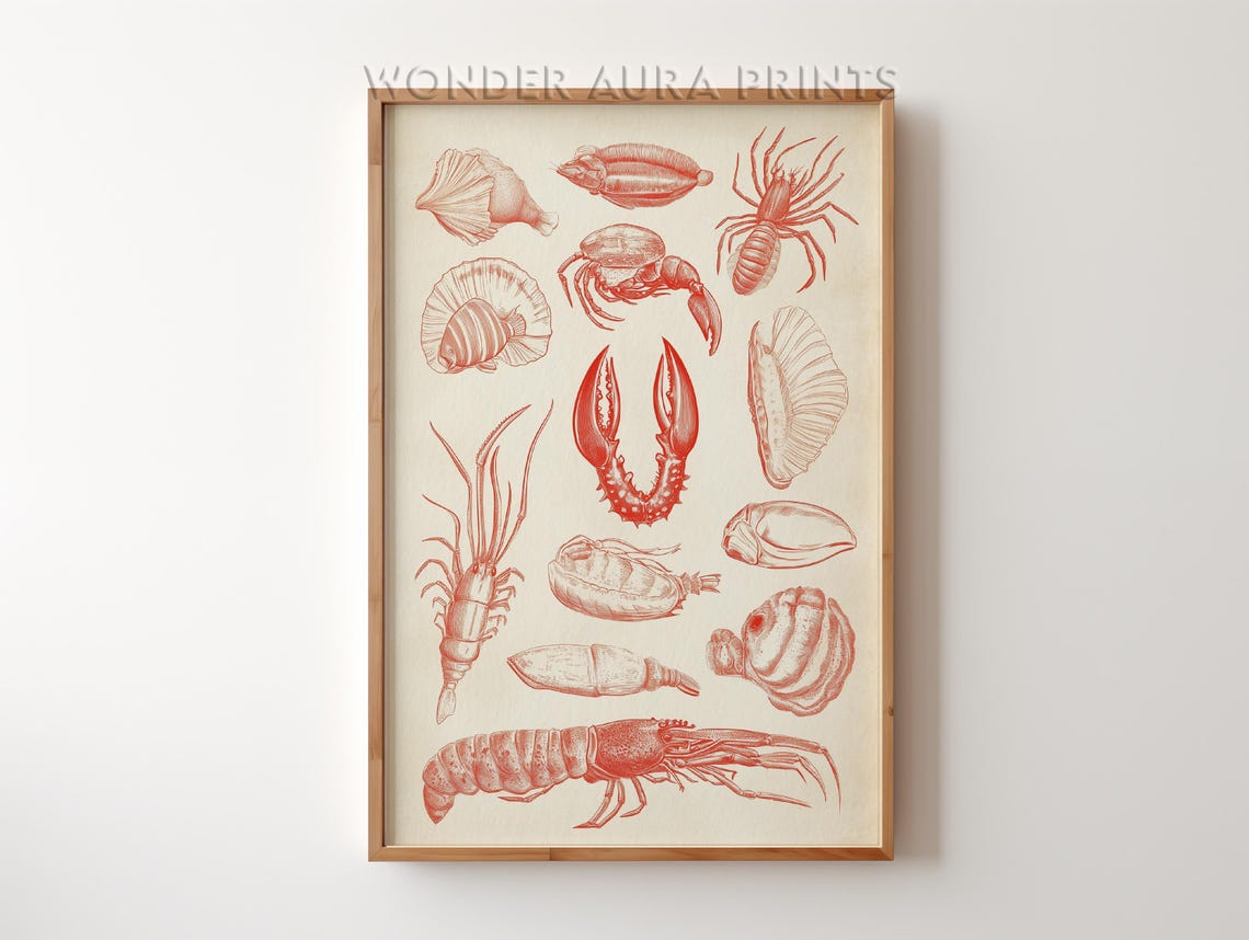 Red Lobster Crab Shells Vintage Seafood Engraving Kitchen Print