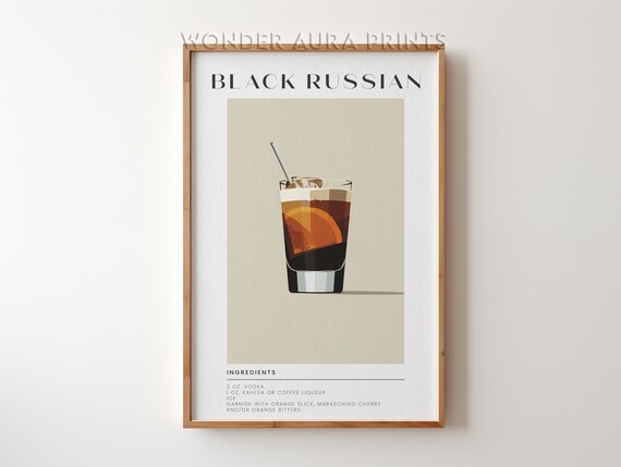 Black Russian Cocktail Recipe Classic Retro Bar Cart Style Poster