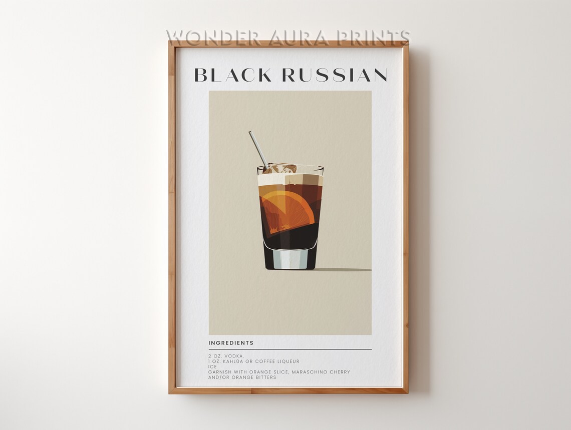Black Russian Cocktail Recipe Classic Retro Bar Cart Style Poster