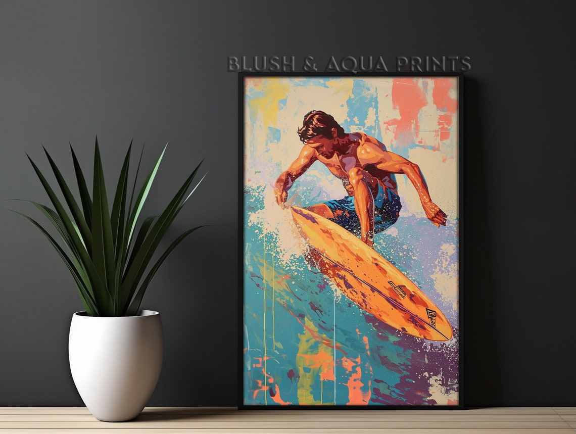 Vintage Surfer Riding Orange Surfboard Pop Art Wave Action Poster
