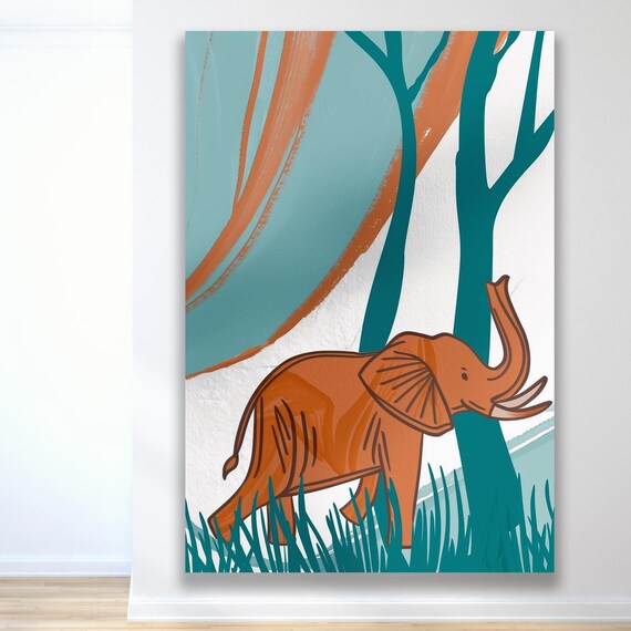 Orange Elephant Minimalist Teal Jungle Trees Nursery Decor Poster