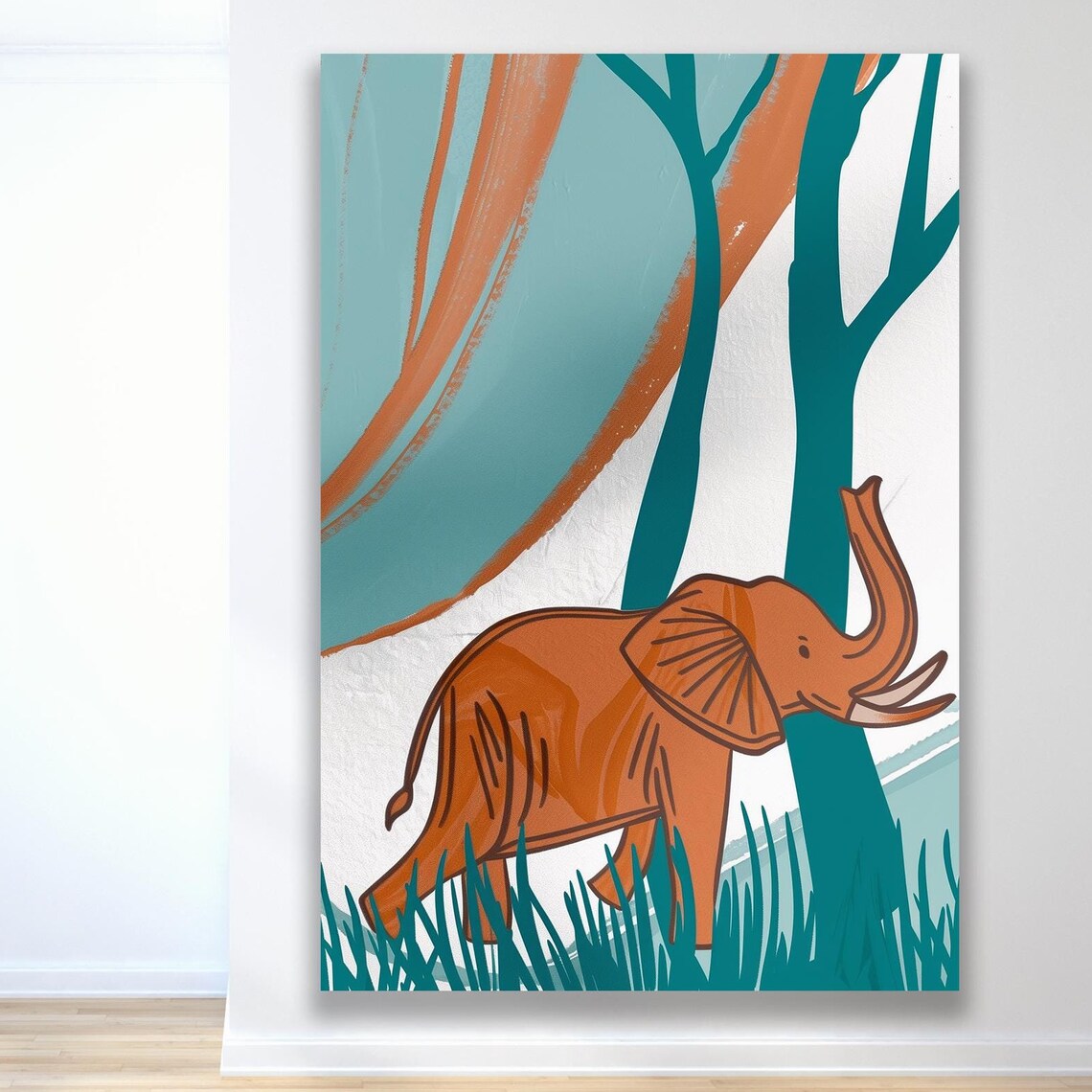 Orange Elephant Minimalist Teal Jungle Trees Nursery Decor Poster