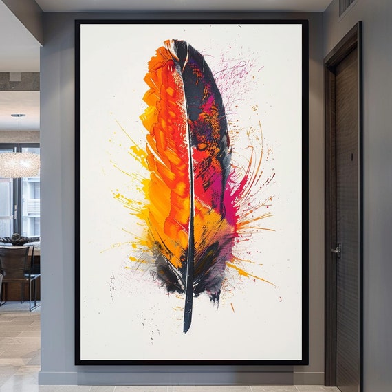 Abstract Feather Print Vibrant Modern Art Colorful Feather Wall Decor Framed Boho Feather Painting Bold Contemporary Wall Art