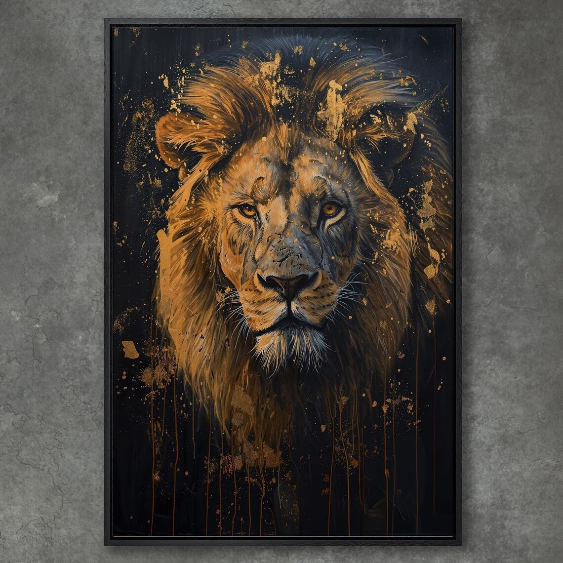 Golden Lion Portrait With Regal Mane On Dark Background Art Poster