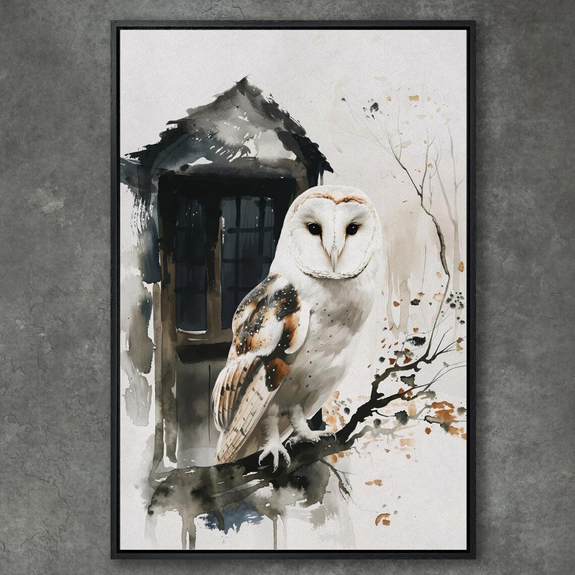 Barn Owl Watercolor Perched By Rustic Window Branch Art Poster