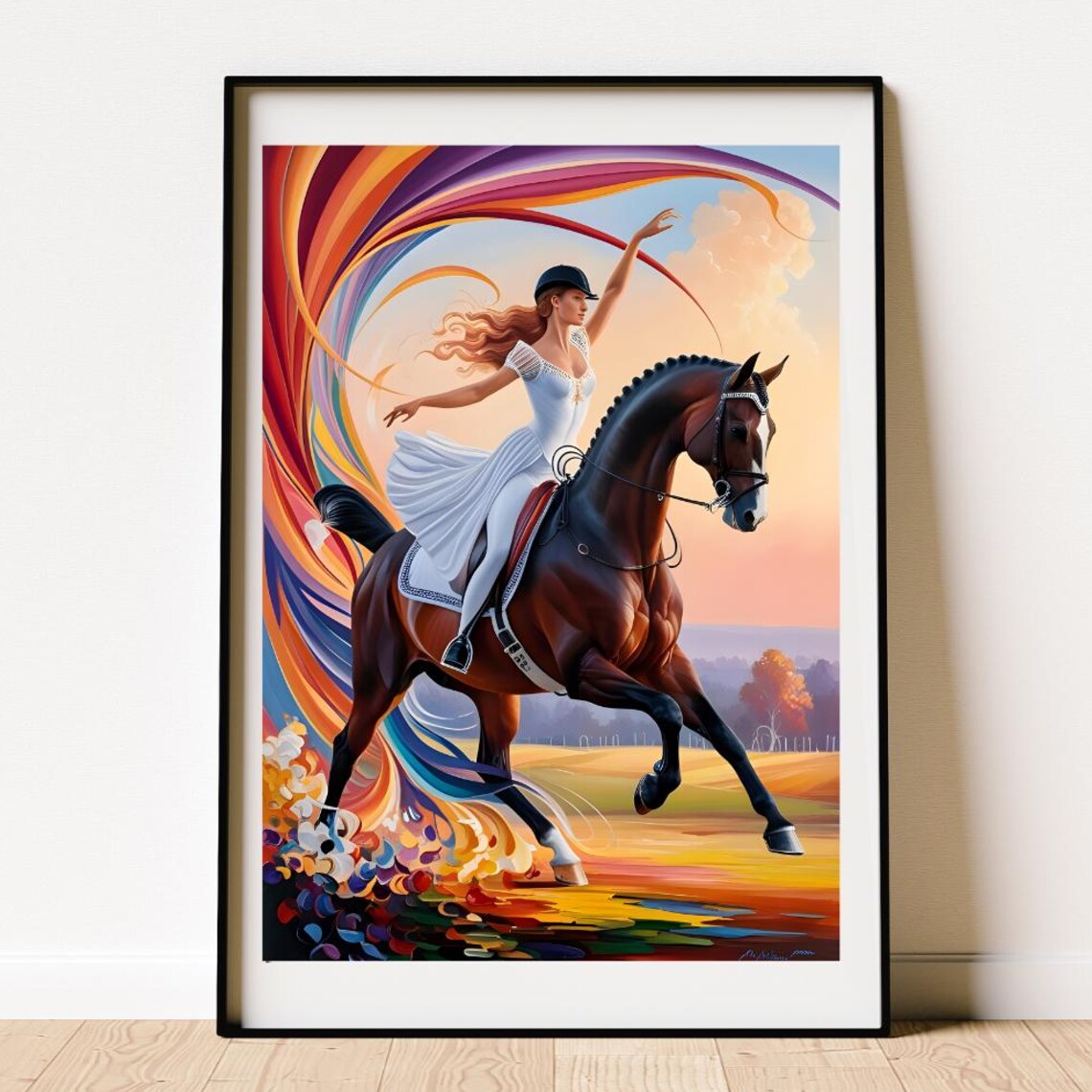Graceful Rider On Galloping Bay Horse In Rainbow Swirl Poster