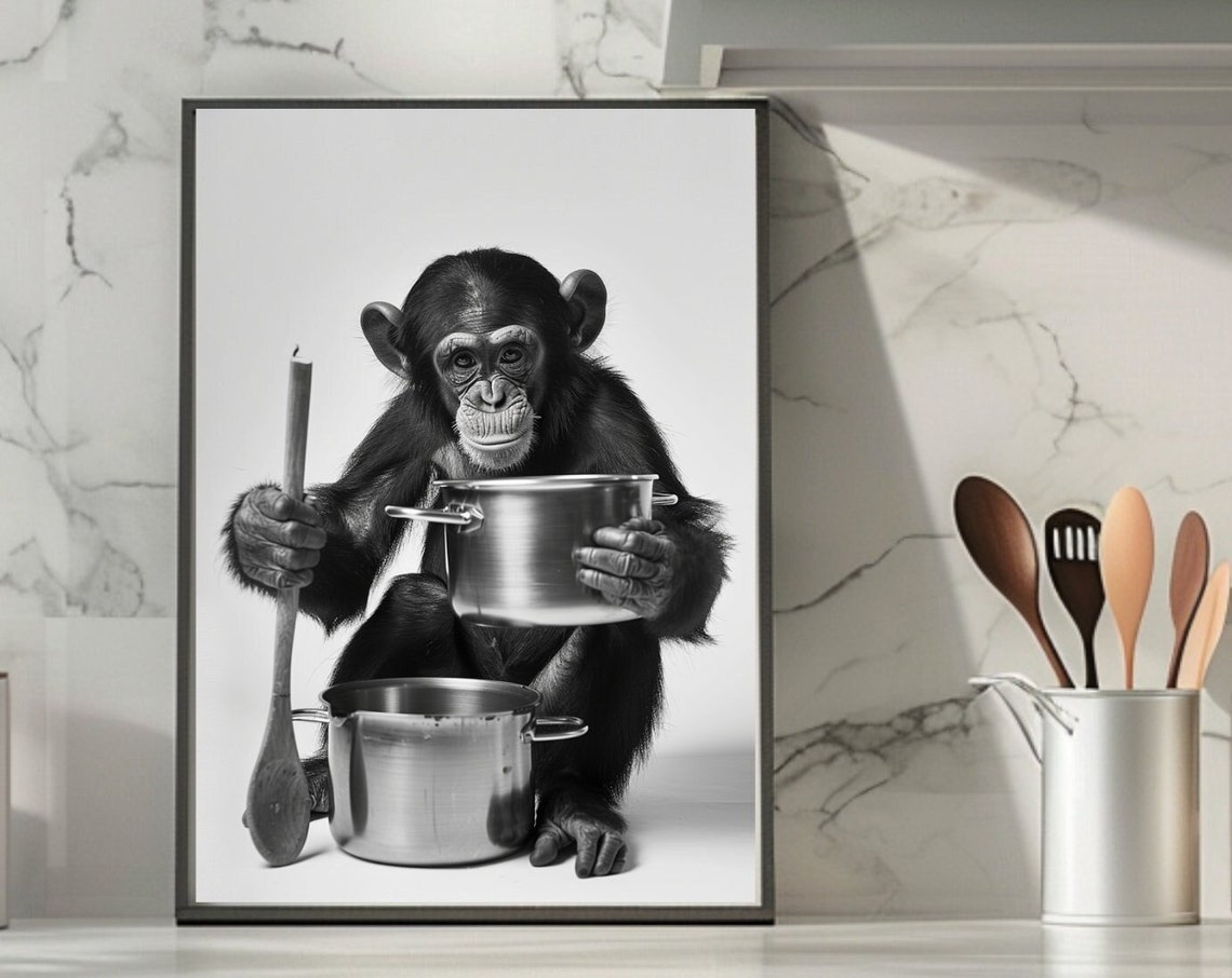 Chimpanzee Cooking with Pots and a Wooden Spoon Funny Kitchen Poster