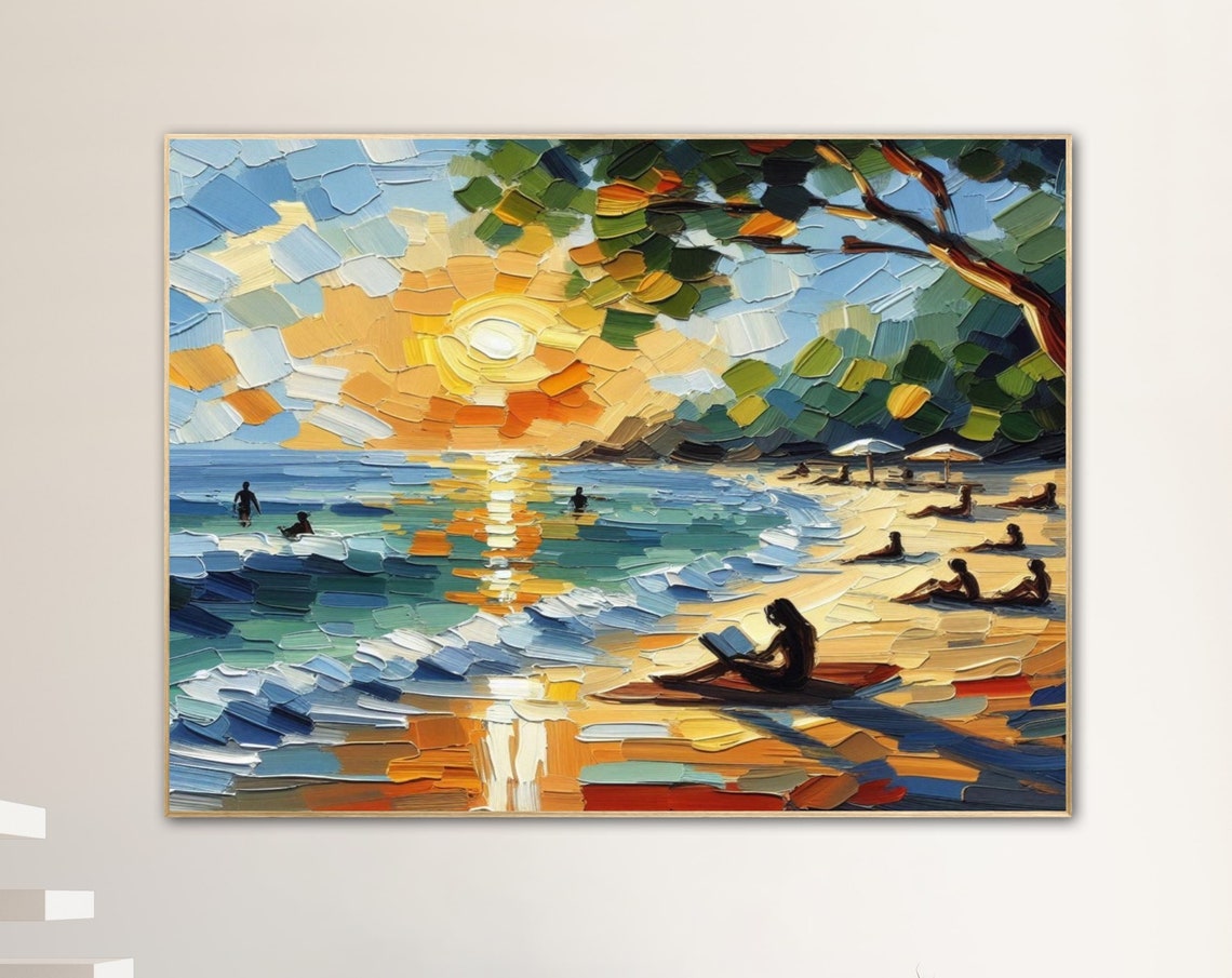 Sunset Beach Reader Silhouette Square Impasto Coastal Art Poster