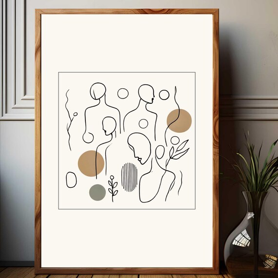 Faceless Women Silhouettes Abstract One Line Art With Beige Shapes Print
