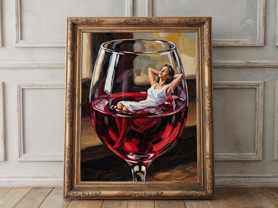 Woman Relaxing in Giant Red Wine Glass Impasto Oil Painting Poster