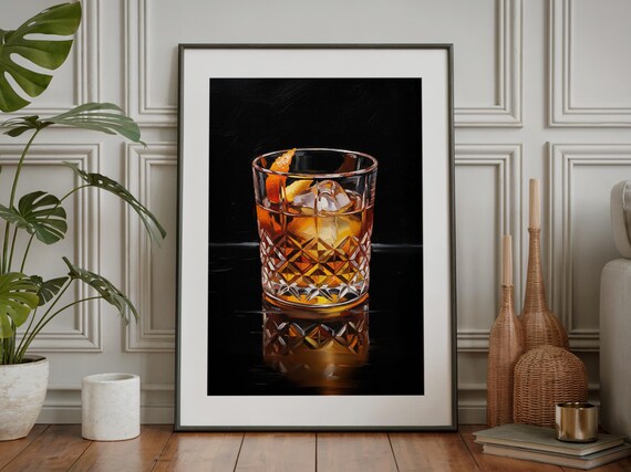 Old Fashioned Whiskey Cocktail Painting Orange Peel Ice Crystal Rocks Glass Wall Art