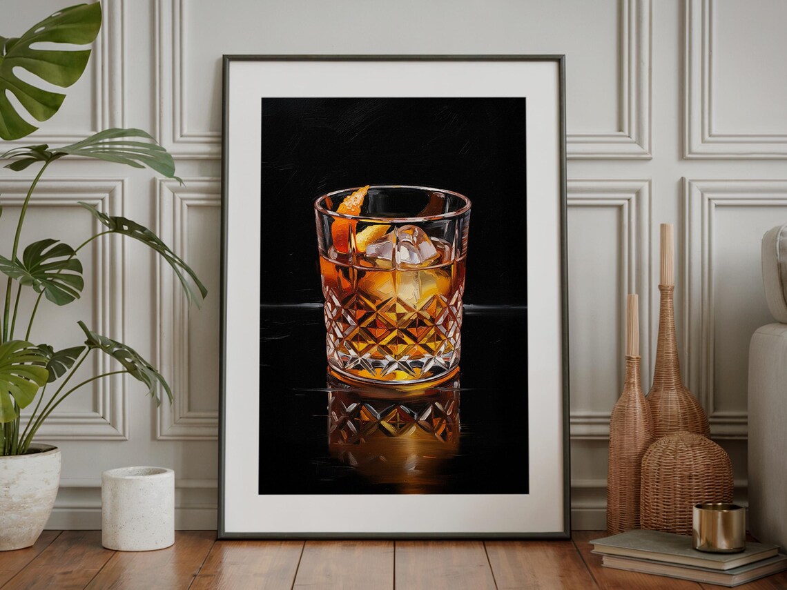 Old Fashioned Whiskey Cocktail Painting Orange Peel Ice Crystal Rocks Glass Wall Art