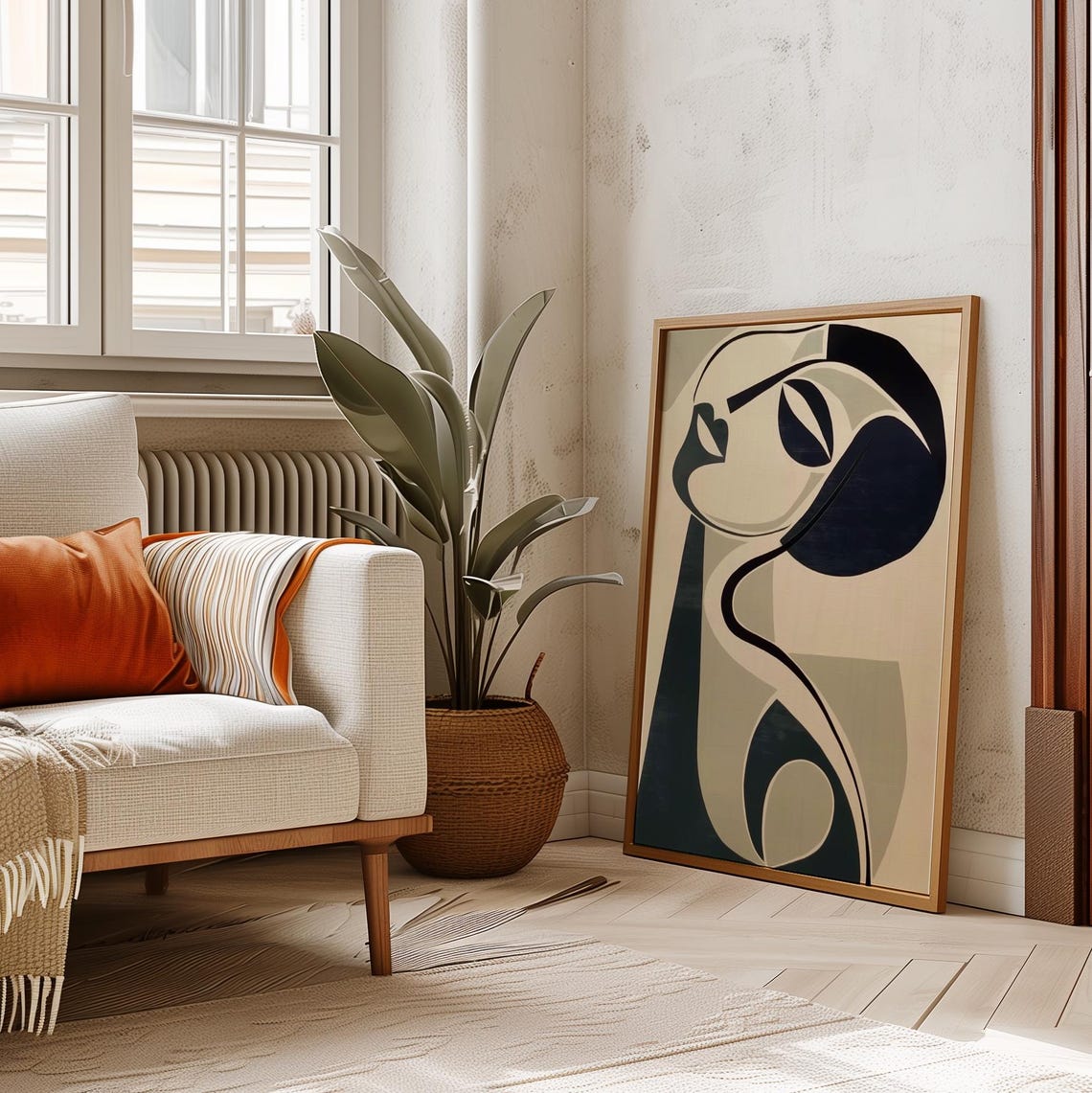 Cubist Face Abstract Navy Beige Modern Portrait Line Art Poster - Image 2