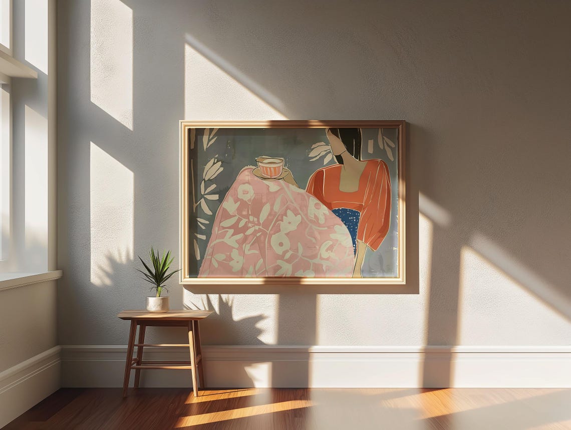 Tea Time Woman Orange Blouse Floral Table Modern Figurative Poster - Image 2