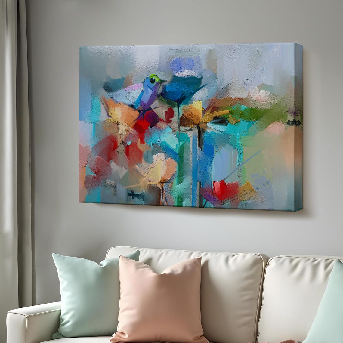 Abstract Flowers Blue Bird Colorful Modern Botanical Art Poster