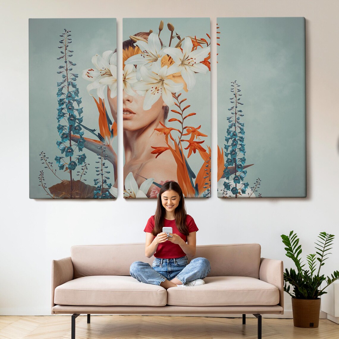 Surreal Woman Portrait White Lilies Botanical Flowers Art Poster - Image 2