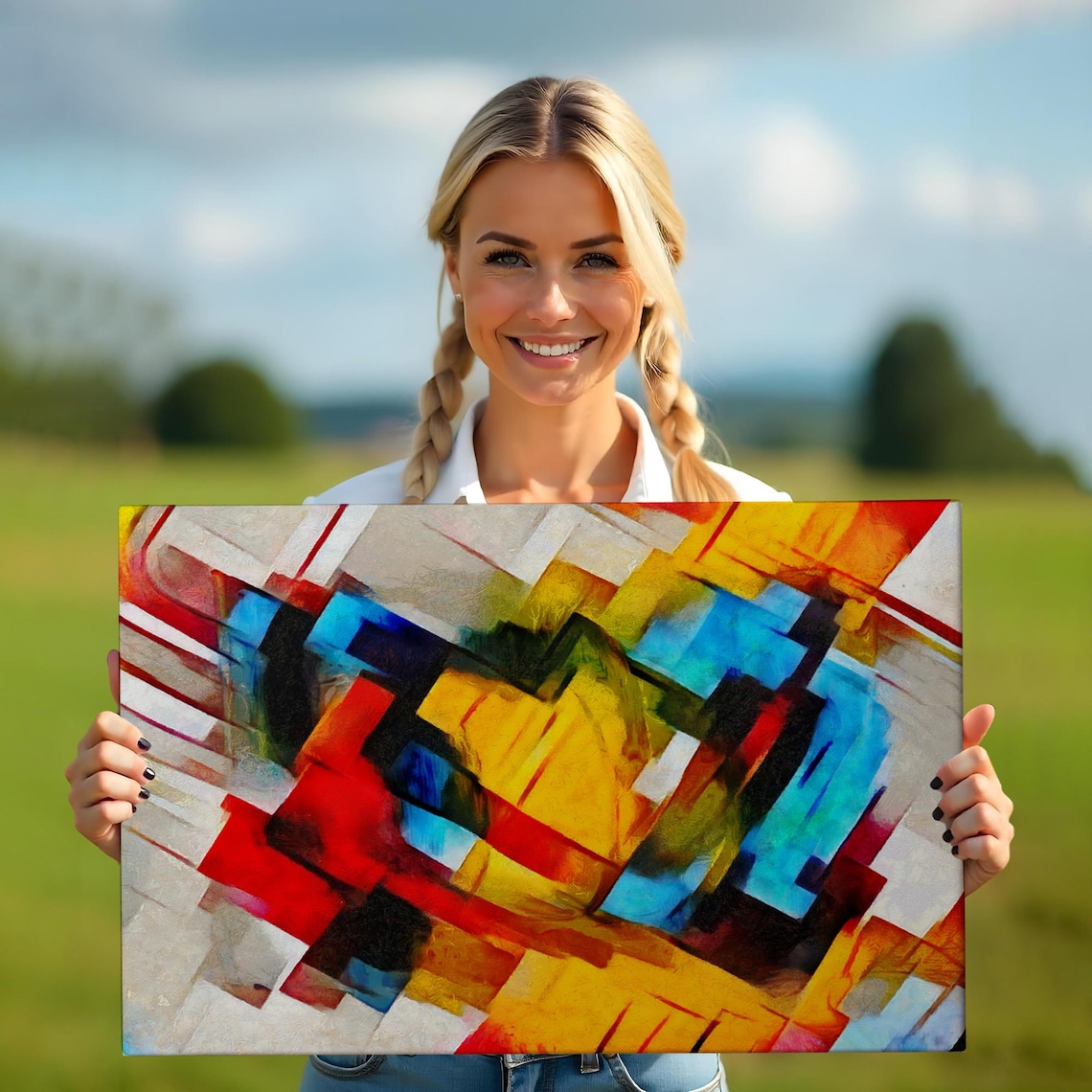 Cubist Geometric Abstract Bold Red Yellow Blue Blocks Modern Art Poster - Image 5
