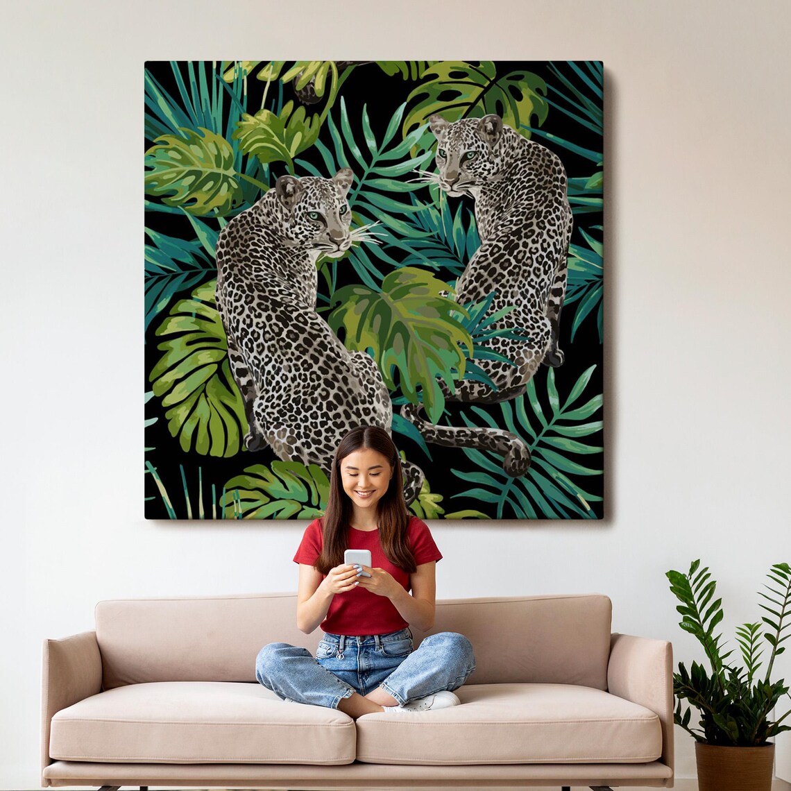 Two Leopards Among Tropical Palm Leaves Dark Jungle Wildlife Art Wall Poster - Image 3