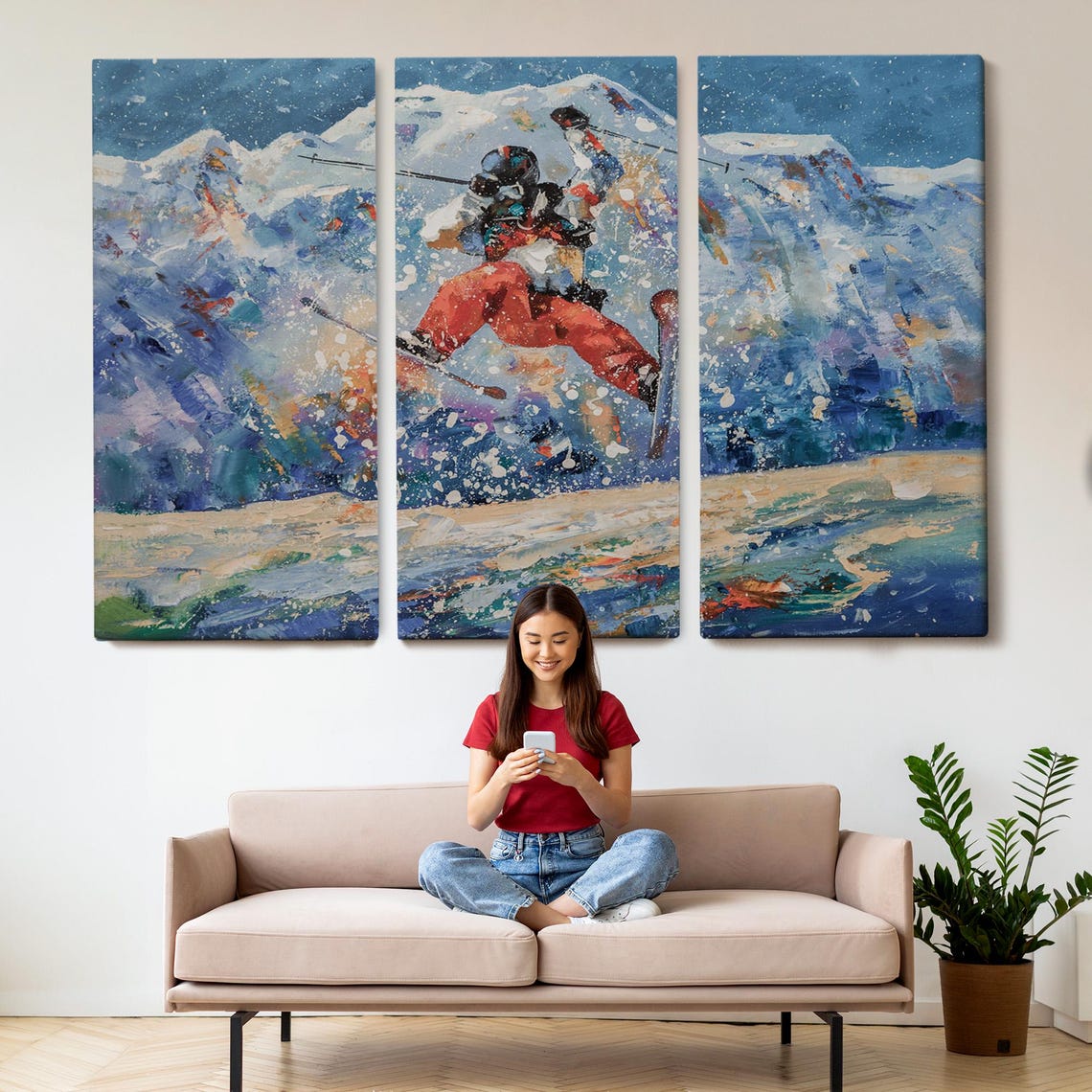 Freestyle Skier Jumping Snow Mountain Action Sport Painting Poster - Image 2