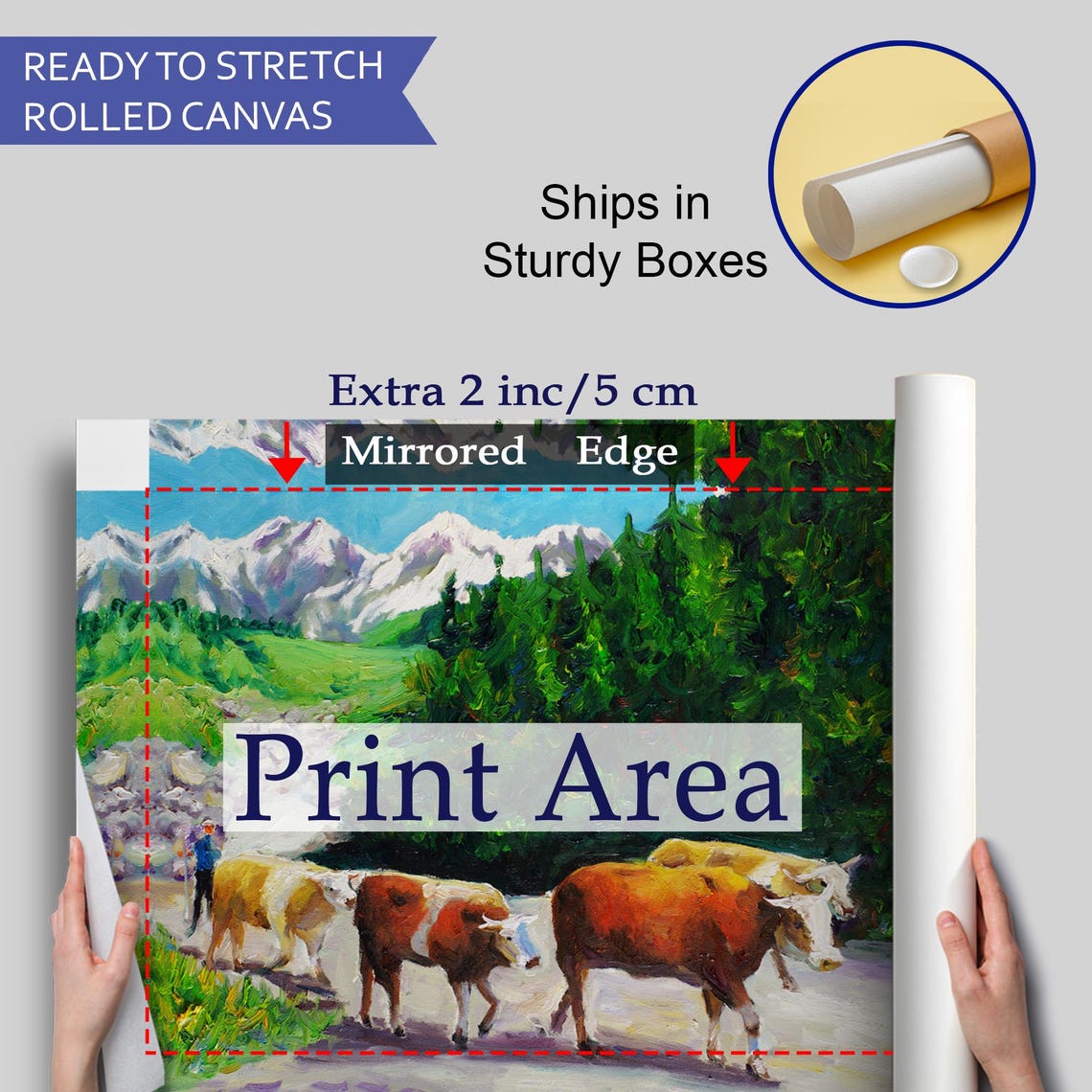 Alpine Cows Grazing Mountain Pasture Snow Peaks Oil Painting Poster - Image 4
