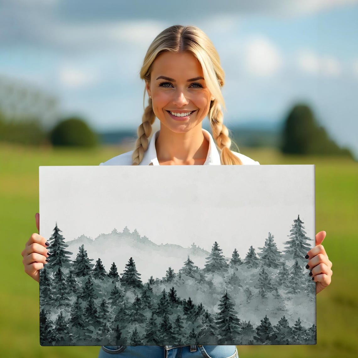 Misty Pine Forest Watercolor Landscape Minimal Gray Nature Poster - Image 5