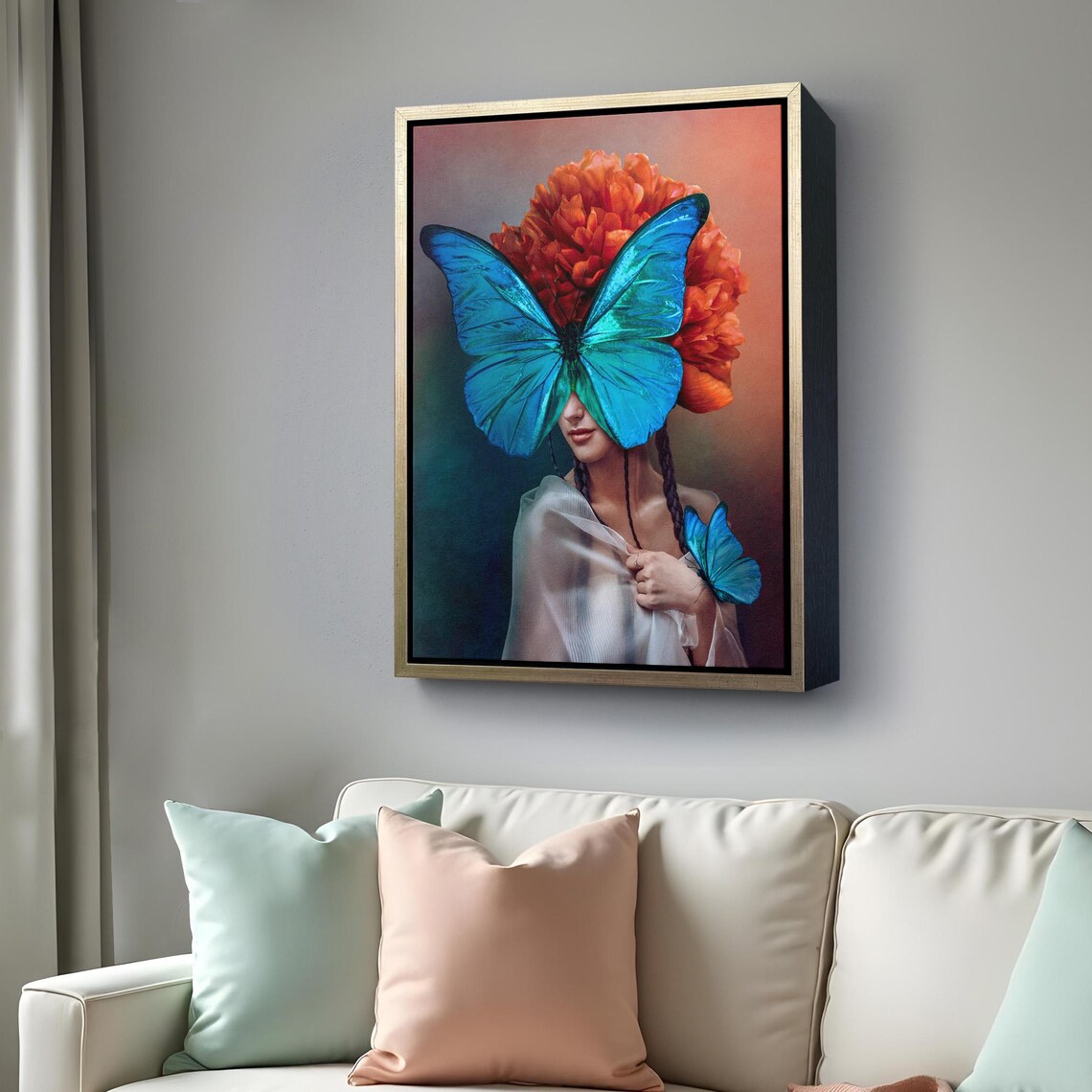 Surreal Blue Butterfly Woman Portrait Orange Flowers Art Poster - Image 4