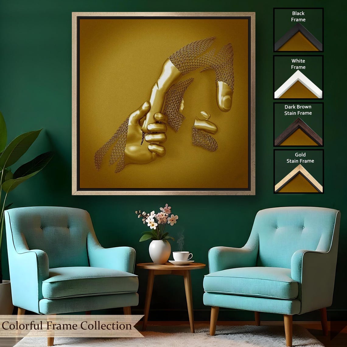 Golden Clasped Hands 3D Effect Love Connection Metallic Art Poster - Image 2