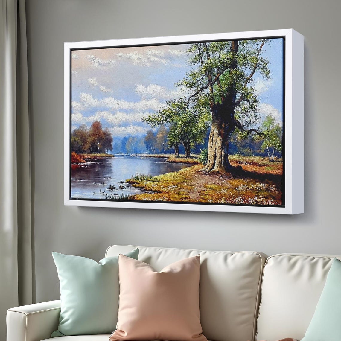 Riverbank Oak Tree Calm Water Autumn Meadow Landscape Poster - Image 3