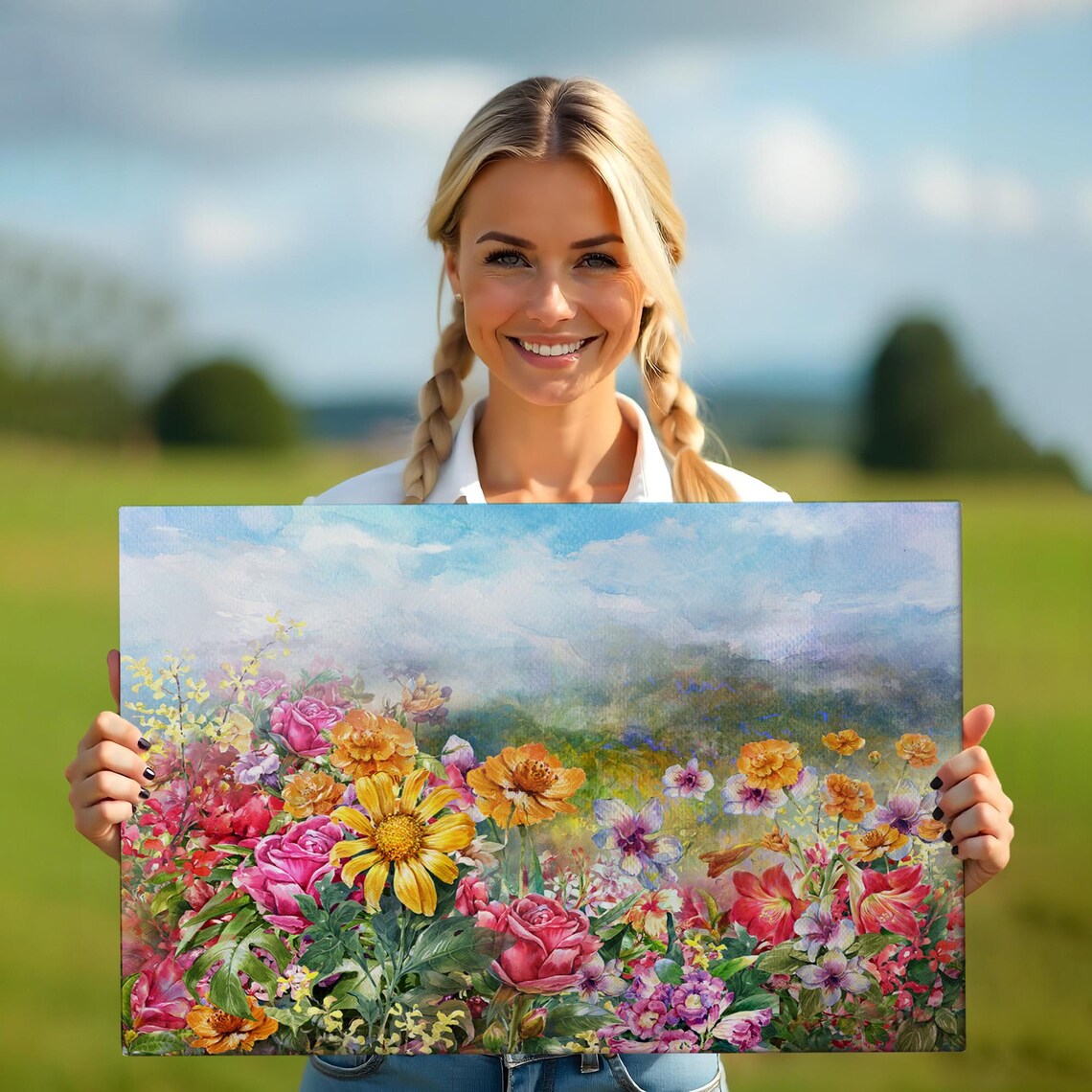 Colorful Wildflower Meadow Roses Sunflowers Watercolor Painting Poster - Image 5