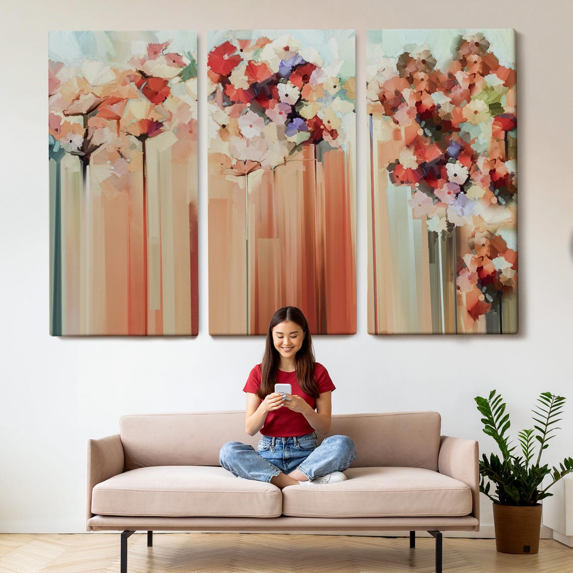 Abstract Coral Flowers Tall Stems Warm Modern Floral Art Poster - Image 2