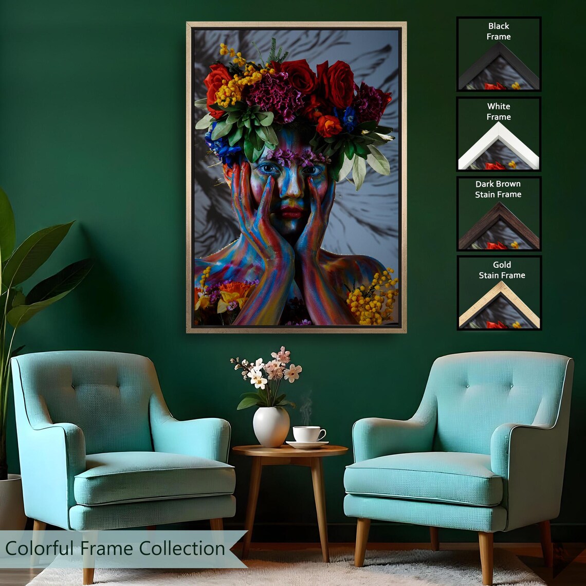 Girl With Flower Crown Colorful Body Paint Portrait Floral Wall Art - Image 2