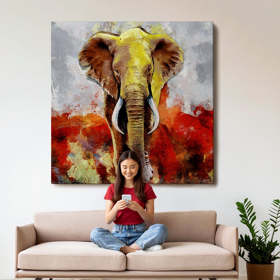 Golden Elephant Front View Red Abstract Background Animal Art Poster - Image 3