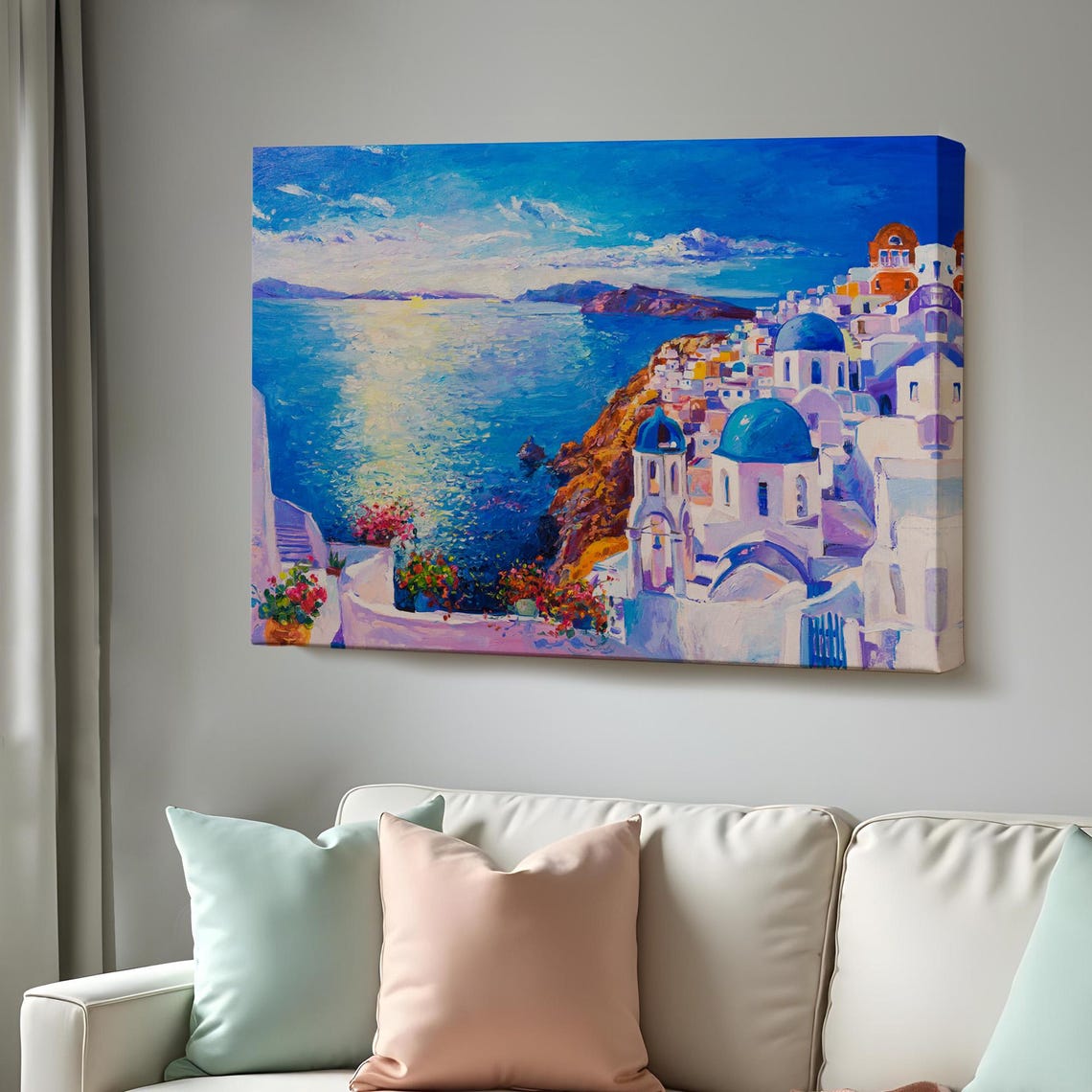 Santorini Greece Oia Blue Domes Caldera Sunset View Travel Art Poster