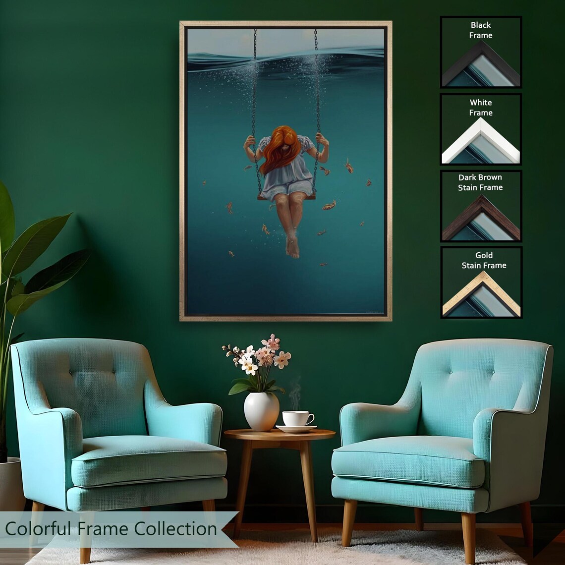 Girl Swinging Underwater Beneath The Waves Surreal Ocean Dream Print - Image 2