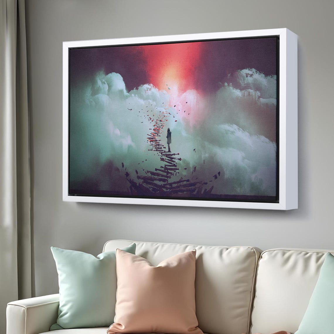 Girl Climbing Broken Ladder To Sky Clouds Surreal Dream Art Poster - Image 3