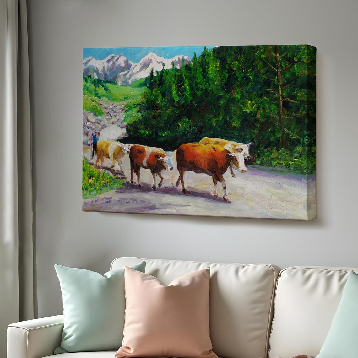 Alpine Cows Grazing Mountain Pasture Snow Peaks Oil Painting Poster