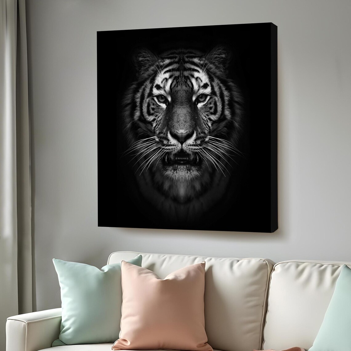 Dramatic Black And White Tiger Face Portrait Dark Background Wildlife Wall Poster
