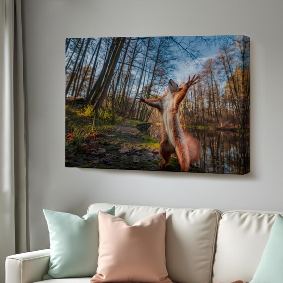 Playful Squirrel Standing Arms Up Forest Pond Cute Wildlife Poster