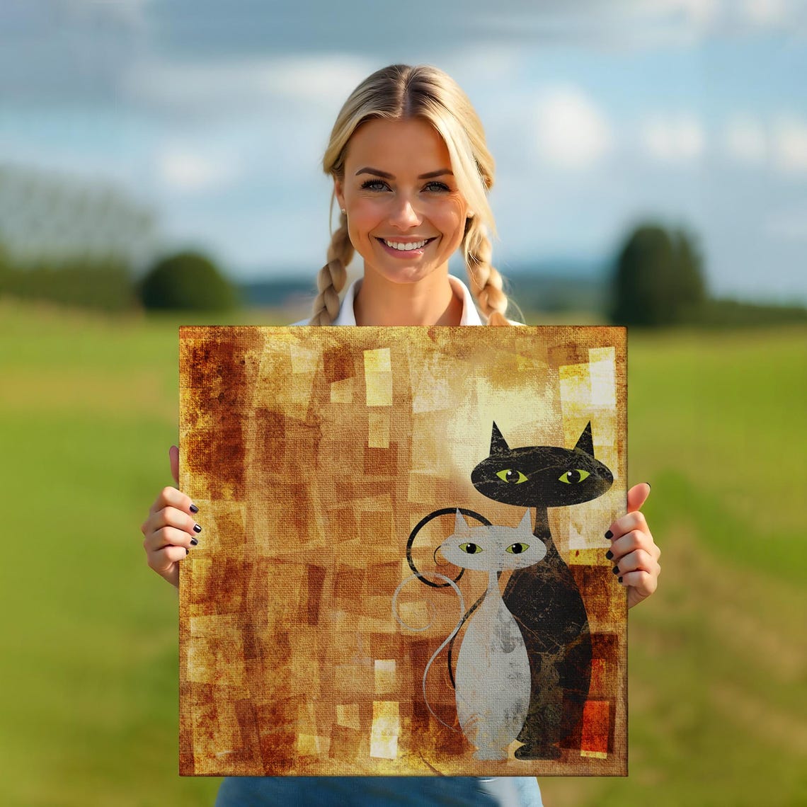 Black And White Cats Modern Abstract Amber Gold Background Wall Art - Image 5