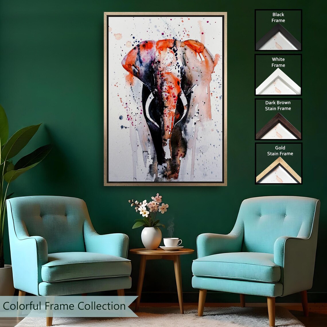 Elephant Head Watercolor Orange Black Splash Modern Abstract Animal Wall Art Print - Image 2