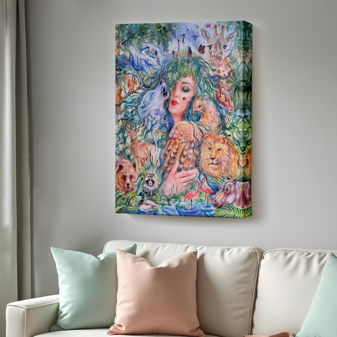 Mother Nature Woman Surrounded By Wild Animals Jungle Dream Wall Art