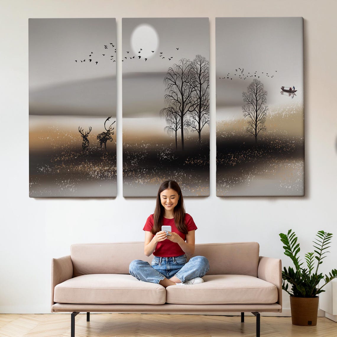 Golden Moonlit Forest Deer Silhouette Zen Lake Landscape Poster - Image 2