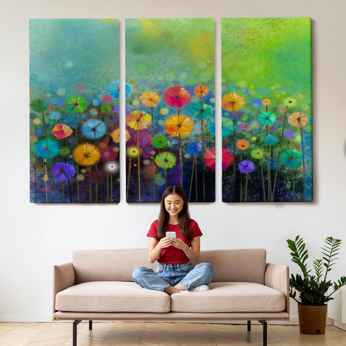 Abstract Rainbow Dandelion Flowers Watercolor Colorful Meadow Poster - Image 2