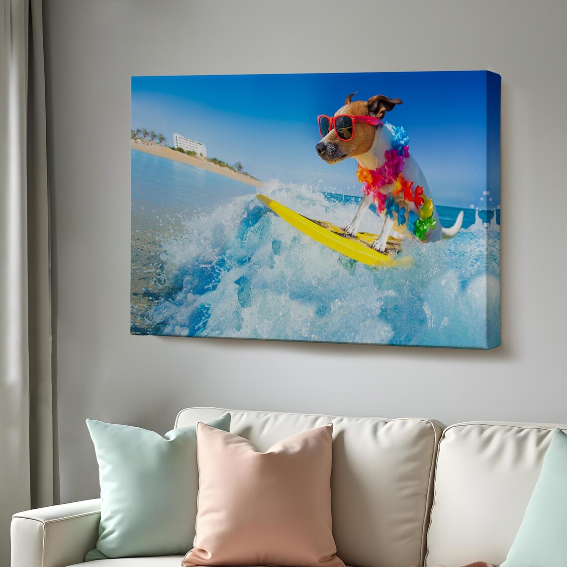 Surfing Dog Beach Waves Funny Sunglasses Lei Photography Wall Art