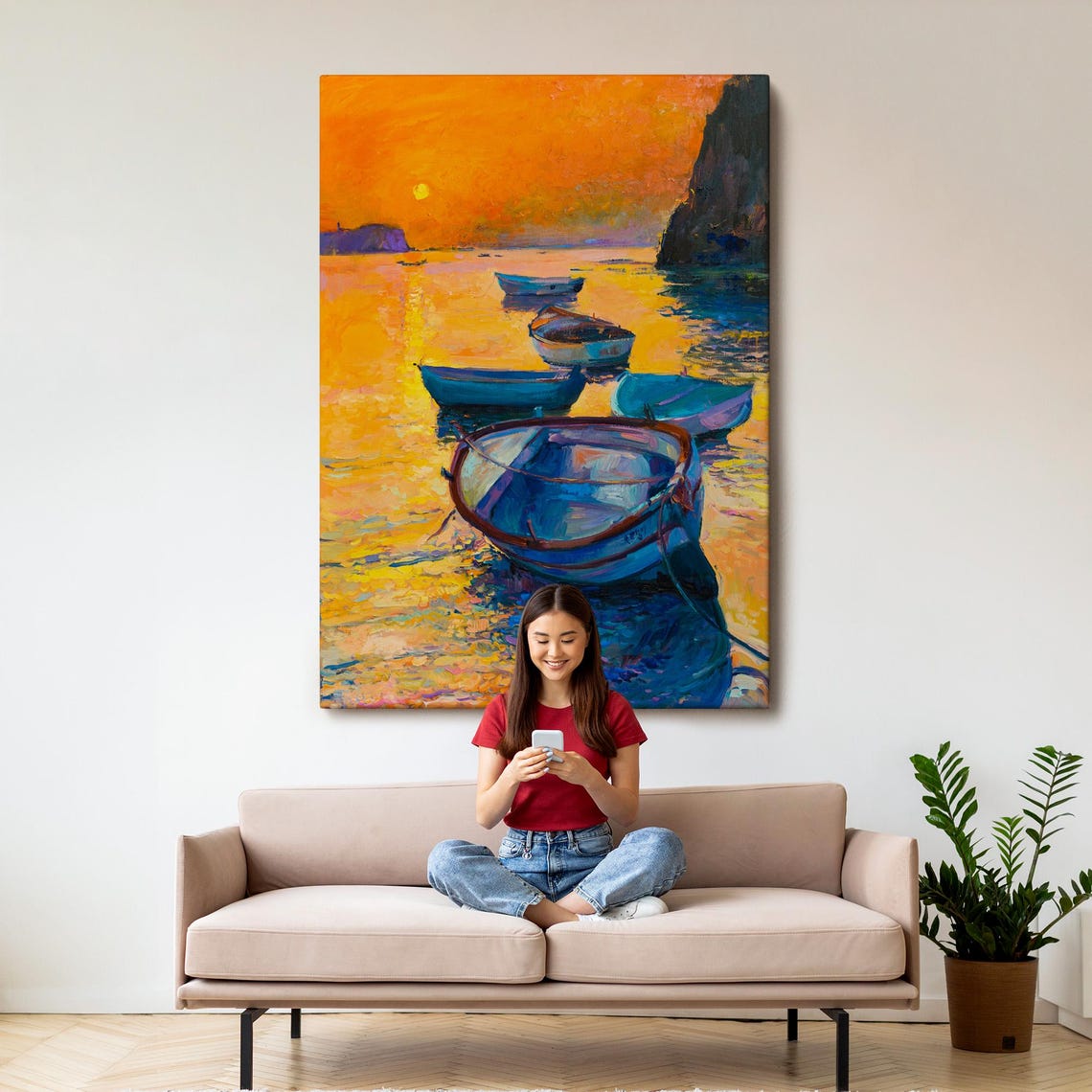 Orange Sunset Boats Floating On The Sea Impressionist Coastal Wall Art - Image 3