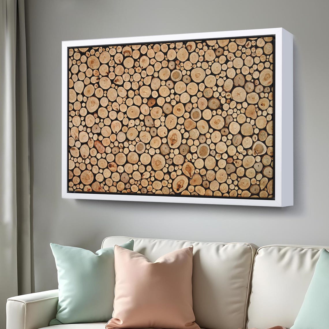 Stacked Wood Log Cross Sections Natural Timber Pattern Rustic Wall Art - Image 3