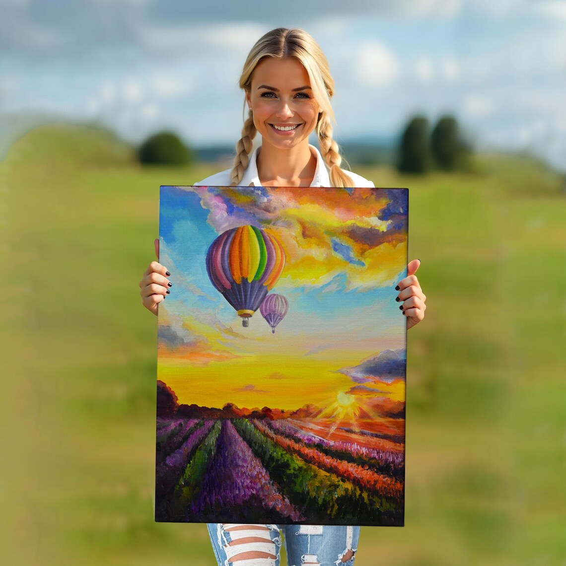 Hot Air Balloon Over Lavender Field Sunset Oil Painting Travel Poster - Image 5
