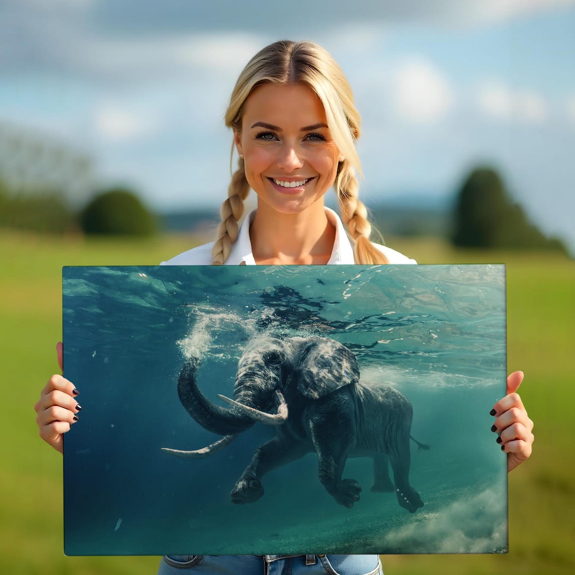 Elephant Swimming Underwater Surreal Blue Ocean Wildlife Art Poster - Image 5